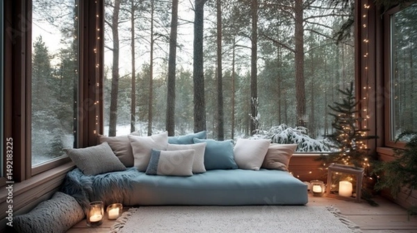 Obraz Cozy winter retreat featuring soft blankets and glowing candles amidst a serene forest landscape Generative AI
