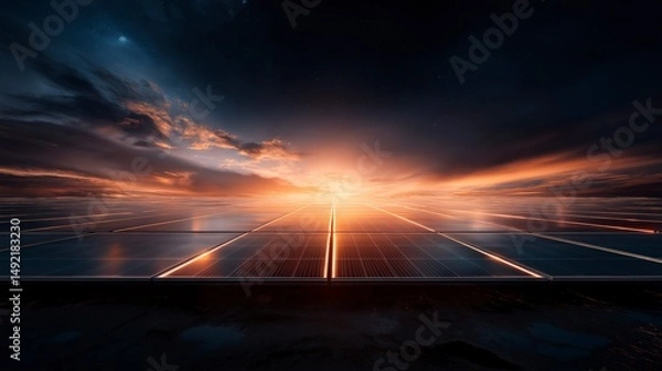 Obraz Vibrant sunset illuminates solar panels reflecting the beauty of sustainable energy and the promise of a brighter future Generative AI