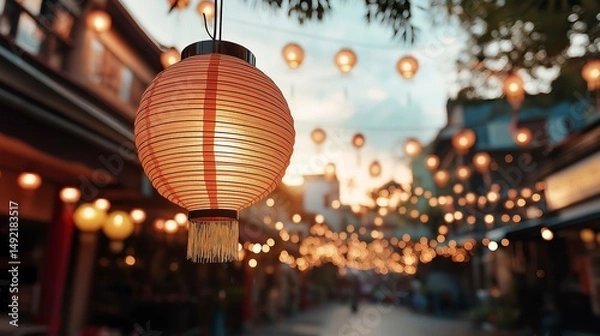 Obraz Lanterns glow softly in the evening market, illuminating the path with warmth and inviting ambiance Generative AI