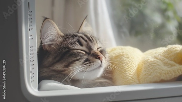 Obraz Cozy feline enjoying a sunny afternoon by the window with a soft blanket in a serene home environment Generative AI