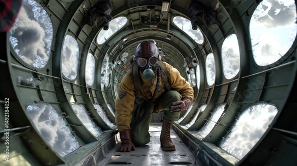 Fototapeta An airborne soldier jumps out of a military aircraft mid-air. The concept of courage, tactical operations, military training, and high-risk airborne deployment. Generative AI.