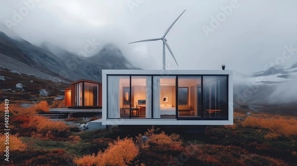 Obraz Contemporary mountain retreat surrounded by autumn foliage and misty peaks at dusk Generative AI