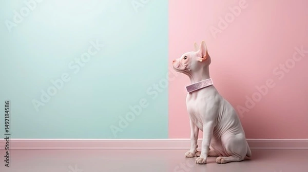Obraz Playful white dog sitting gracefully against pastel blue and pink walls in a chic interior space filled with light Generative AI