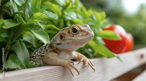 Obraz Curious lizard exploring a vibrant garden with lush greenery and ripe red tomatoes on a sunny day Generative AI