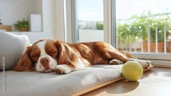Obraz Cavalier King Charles Spaniel enjoys a peaceful nap by the window on a sunny afternoon with a bright green ball nearby Generative AI