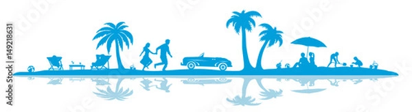 Fototapeta Silhouette Strand Paar Oldtimer