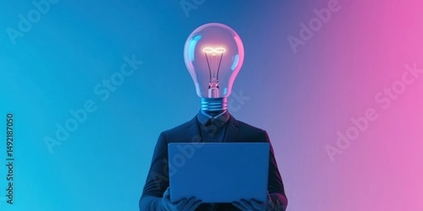 Obraz AI-themed surreal design with lightbulb-headed person holding a blue laptop