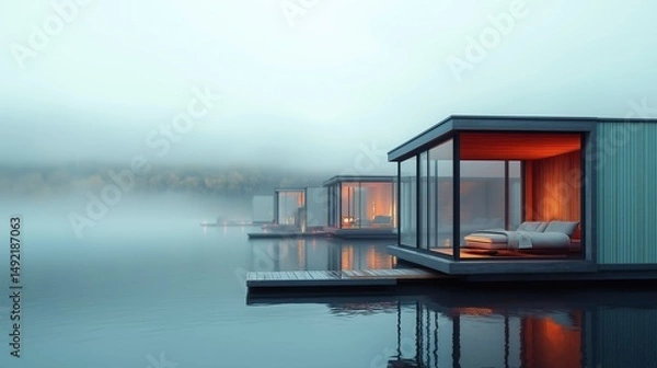 Obraz Floating modern dwellings reflect tranquility on a misty lake at dawn with soft illumination creating a serene atmosphere Generative AI