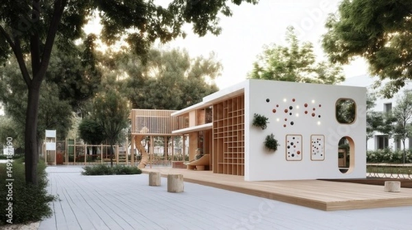 Obraz Modern playground design blends creativity and nature in an urban setting during a tranquil afternoon Generative AI