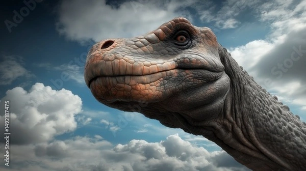 Obraz Majestic dinosaur enjoying a sunny day under a vibrant sky with fluffy clouds in a prehistoric landscape Generative AI