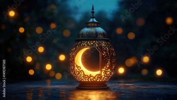 Obraz Intricately designed lantern glowing warmly with crescent moon cutout, surrounded by soft bokeh lights on dark evening background