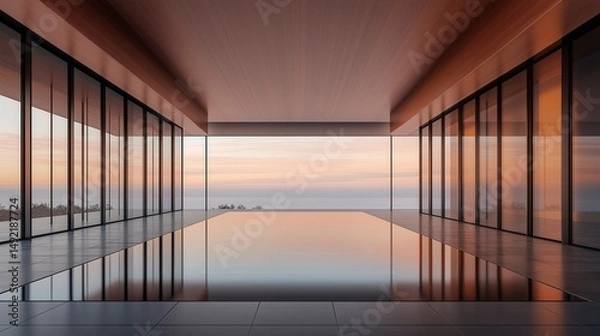 Obraz Stunning minimalist architecture showcases serene sunset reflections in modern coastal retreat Generative AI