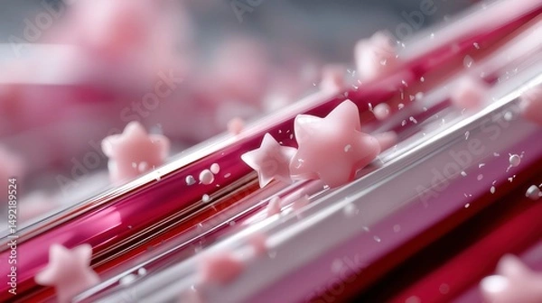 Obraz Beautiful pink star-shaped decorations on shimmering metallic stripes create a whimsical and dreamy visual delight Generative AI