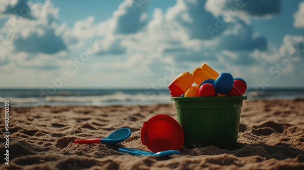 Obraz Colorful beach toys in a green bucket on sandy shores by the sea under a blue sky, embodying a summer vacation concept with children's play tools like a plastic spoon and fork.