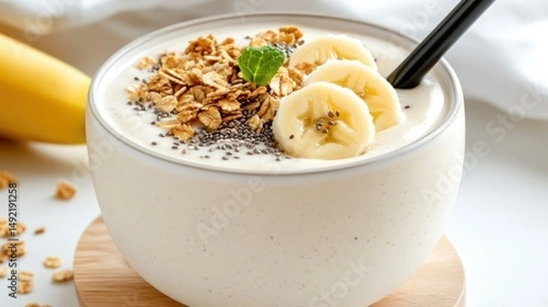 Fototapeta Smoothie bowl with banana slices, granola, and chia seeds scattered on top, offering a colorful treat.