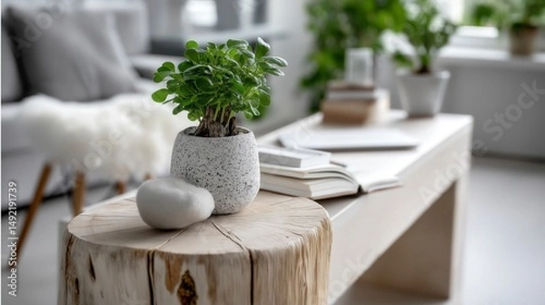 Obraz Modern living room decor with a stylish plant centerpiece on a rustic wooden table surrounded by natural light and greenery Generative AI