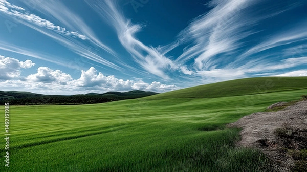 Obraz Vibrant green fields stretch under a stunning sky filled with dynamic clouds on a clear day in the countryside Generative AI