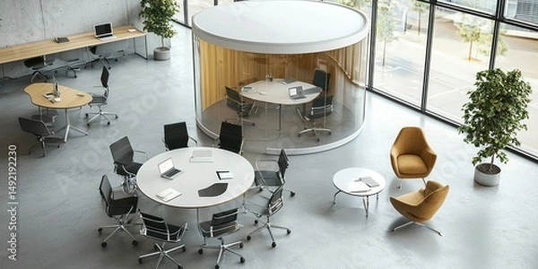 Obraz Collaborative layout with round tables, moveable chairs, and a glass-walled focus room