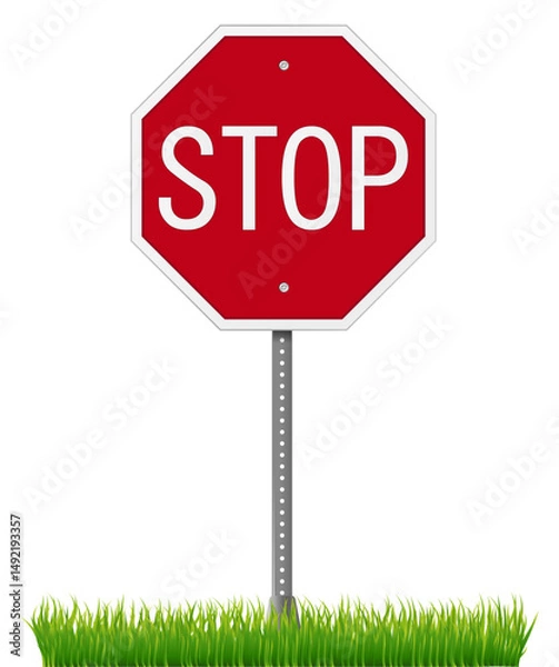 Obraz red octagonal stop sign with white lettering on a gray metal pole, surrounded by green gras
