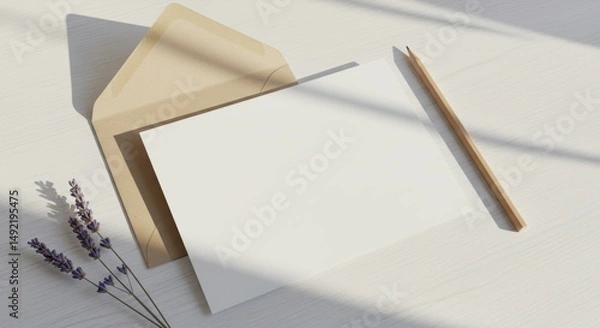 Obraz Blank paper with envelope pencil and lavender sprigs on white surface