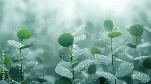 Obraz Dewy eucalyptus leaves in soft light