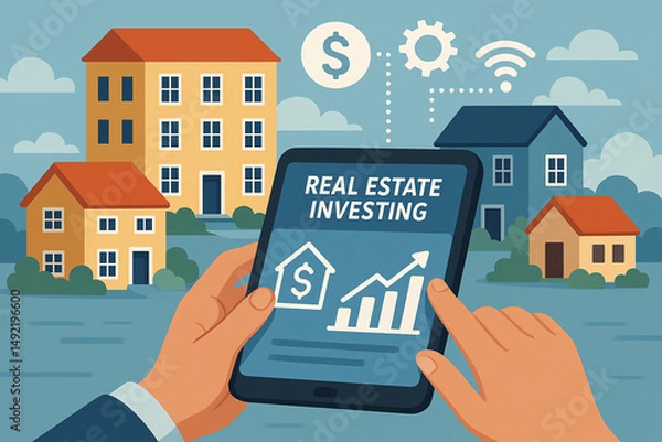Fototapeta A hands-on approach to real estate investing illustrated with a tablet displaying financial growth and properties. A modern take on managing investments in today's digital world.