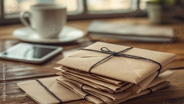 Obraz Stack of tied kraft envelopes on a wooden table, beside a coffee cup and phone
