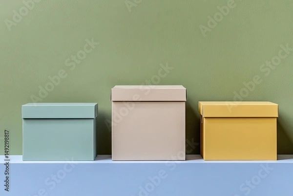 Obraz Three neutral-toned boxes aligned on a shelf against a muted green wall