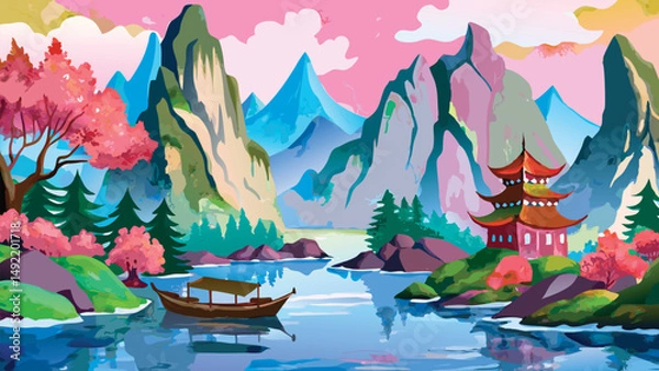 Obraz Watercolor painting of a serene lake with mountains, forest, and boat. Scenic landscape with sea, rocks, and calm water. Perfect concept for decoration, prints, and nature themes