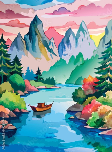 Obraz Watercolor painting of a serene lake with mountains, forest, and boat. Scenic landscape with sea, rocks, and calm water. Perfect concept for decoration, prints, and nature themes