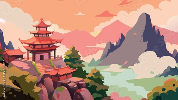 Obraz Painting of a Japanese wild mountain landscape with traditional castle. Scenic nature view featuring historic architecture, lush greenery, and cultural heritage in artistic brushstroke style