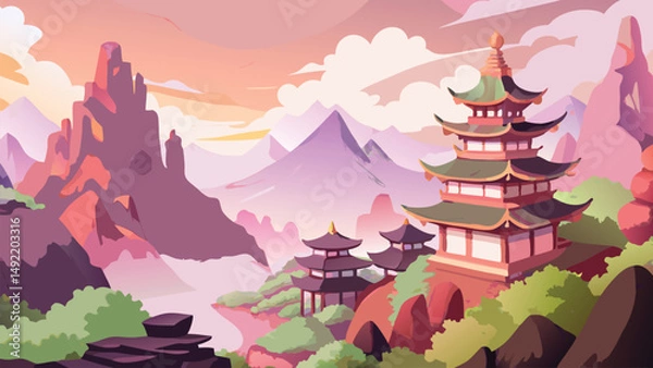 Obraz Painting of a Japanese wild mountain landscape with traditional castle. Scenic nature view featuring historic architecture, lush greenery, and cultural heritage in artistic brushstroke style