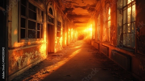Obraz Sunset illuminates decaying building hallway; eerie atmosphere, urban exploration, film backdrop
