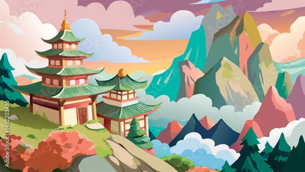 Fototapeta Painting of a Japanese wild mountain landscape with traditional castle. Scenic nature view featuring historic architecture, lush greenery, and cultural heritage in artistic brushstroke style