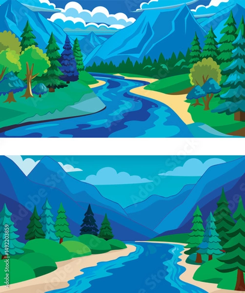 Obraz Flat landscape with winding river, green trees, and distant mountain range. Peaceful nature scene perfect for outdoor, travel, and environmental themes. Vector illustration for backgrounds and design