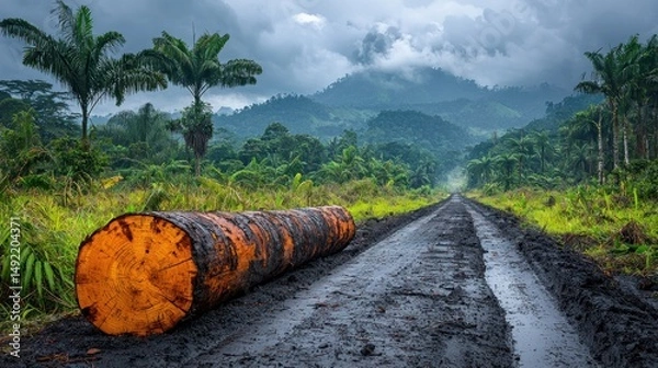 Obraz Rainforest road with felled log