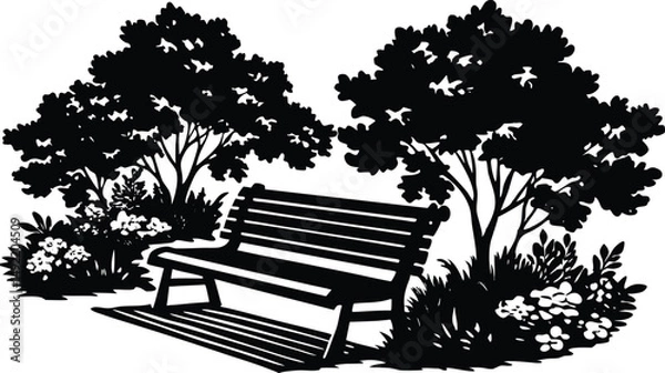 Obraz Silhouette of a park bench with surrounding trees and natural landscape. Peaceful outdoor scene perfect for relaxation, nature, leisure, and park themes. Vector illustration for backgrounds and design