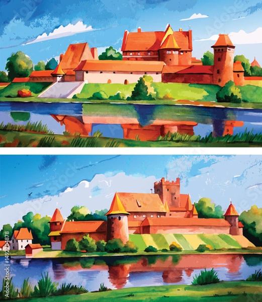 Obraz Hand-drawn historical watercolor painting of an ancient castle. Vintage architecture illustration with old stone towers, scenic landscape, and artistic brushstroke style. Perfect for heritage themes