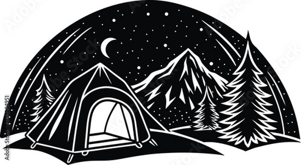 Obraz Silhouette of a camping tent with tree and mountain background. Minimal outdoor scene for hiking, wilderness, travel, and adventure themes. Vector illustration for posters and nature designs