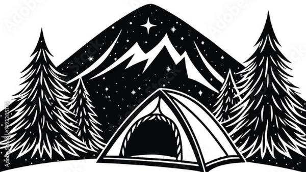 Fototapeta Silhouette of a camping tent with tree and mountain background. Minimal outdoor scene for hiking, wilderness, travel, and adventure themes. Vector illustration for posters and nature designs