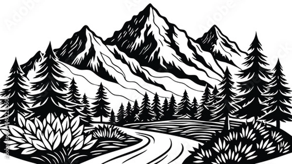 Fototapeta Black mountain landscape silhouette with layered peaks and dramatic horizon. Minimal nature scenery for travel, hiking, and wilderness concepts. Vector illustration for posters and backgrounds