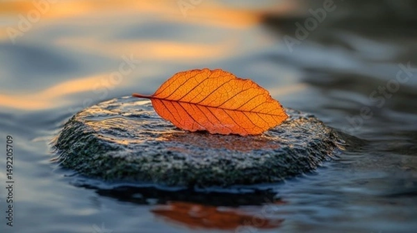 Obraz Autumn leaf on a rock in water