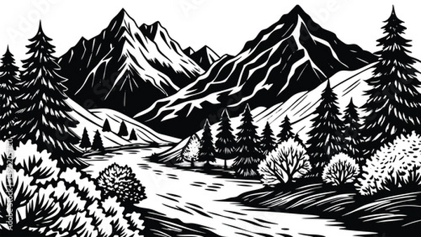 Fototapeta Black mountain landscape silhouette with layered peaks and dramatic horizon. Minimal nature scenery for travel, hiking, and wilderness concepts. Vector illustration for posters and backgrounds