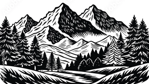 Obraz Black mountain landscape silhouette with layered peaks and dramatic horizon. Minimal nature scenery for travel, hiking, and wilderness concepts. Vector illustration for posters and backgrounds