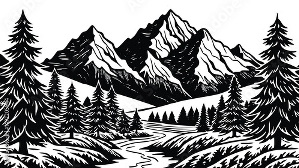 Fototapeta Black mountain landscape silhouette with layered peaks and dramatic horizon. Minimal nature scenery for travel, hiking, and wilderness concepts. Vector illustration for posters and backgrounds