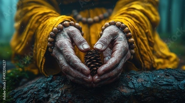 Obraz Aged hands hold a pine cone