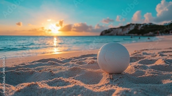 Obraz Beach sunset scene with a white ball