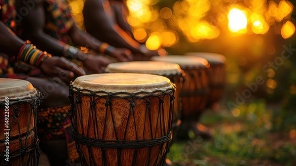 Obraz African drummers at sunset