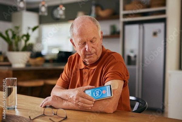 Fototapeta Senior man checking blood sugar level with smartphone