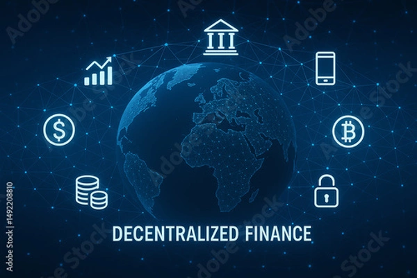Fototapeta A visual representation of decentralized finance showcasing global connectivity, financial symbols, and digital currencies, emphasizing the evolution of modern finance in a digital